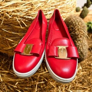 Salvatore Ferragamo size 7.5 C red leather Novello slip on ballet flat Italy